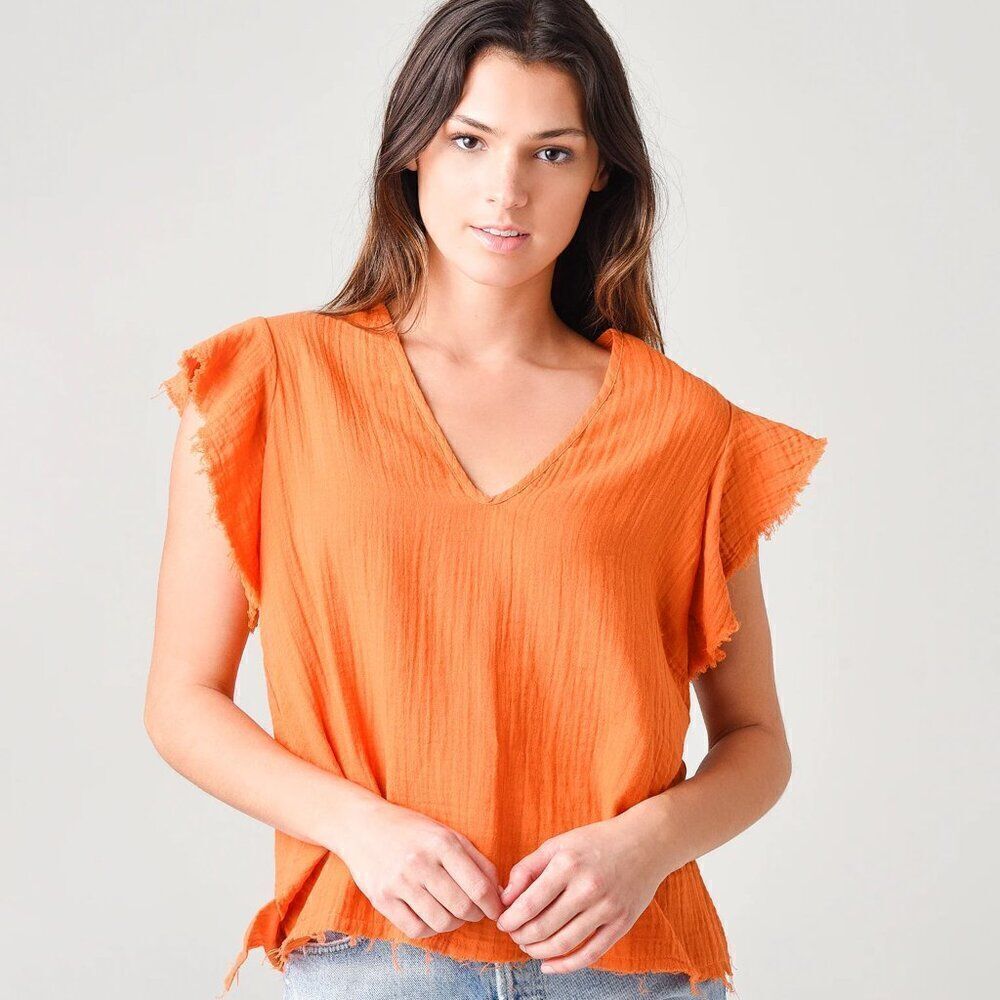 Stark X Gauze Ruffle Sleeve V Neck Orange Top Small
